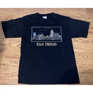 Vtg 90s Cotton Heritage San Diego California Gold Embossed City Skyline Shirt L